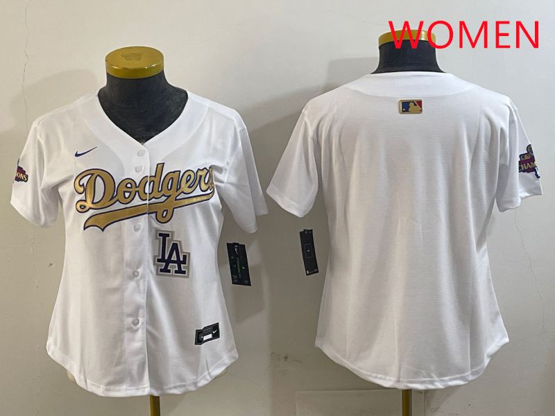 Women Los Angeles Dodgers Blank White Champion gold character 2025 Nike MLB Jersey style 6->women mlb jersey->Women Jersey